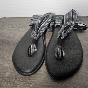 Sanuk Yoga Sling Black & White Striped Fabric Sling Sandals Size 8